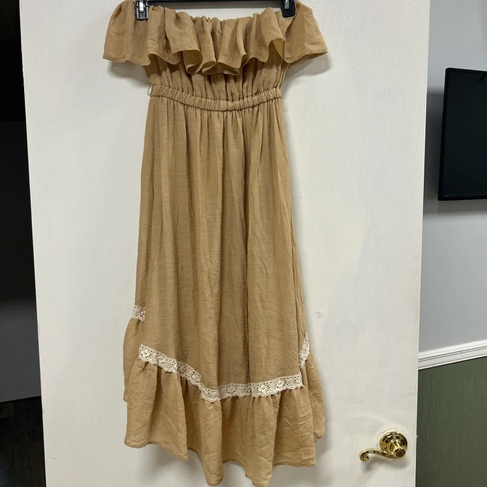 Tan Off-Shoulder Ruffle Dress - Picture 2 of 3